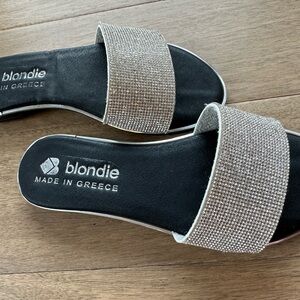 Black and Silver Sandals with Wide Strap and Comfortable Footbed